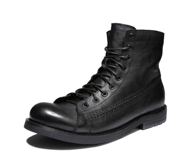 Schwarzer Lederstiefel, Schnürung, robuster Absatz, Herrenmode, Outdoor-Boots.