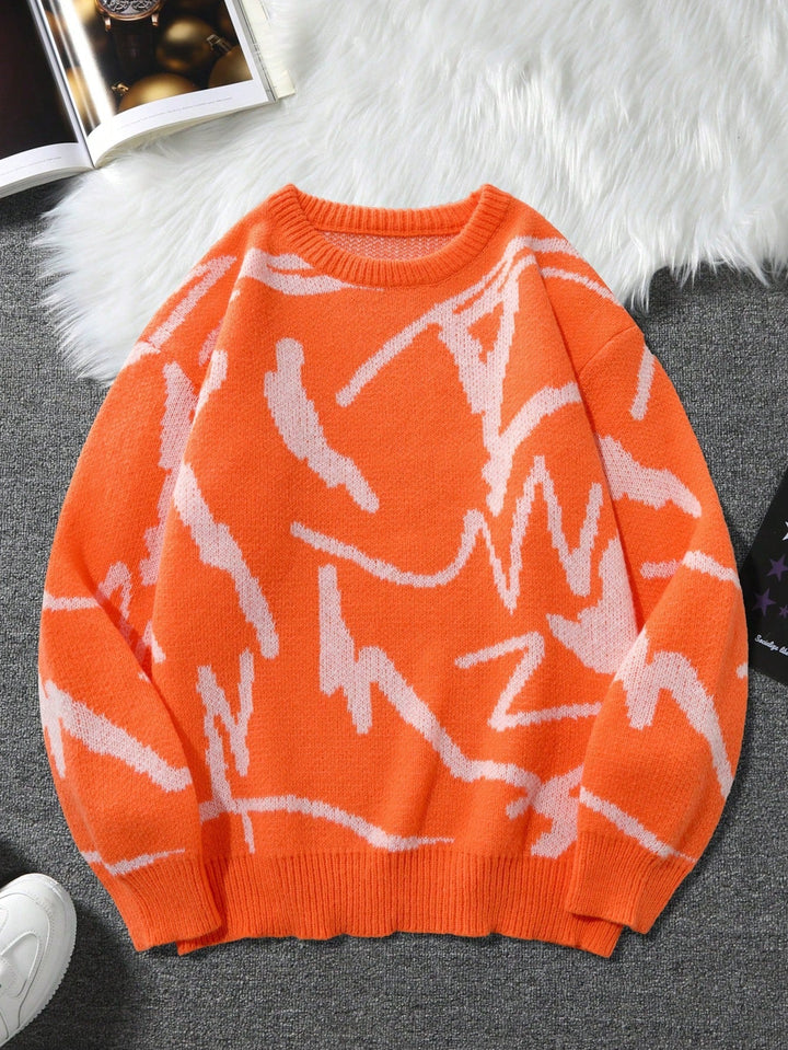 Orangefarbener Strickpullover mit abstraktem Muster, weiches Material, modisch, gemütlich.