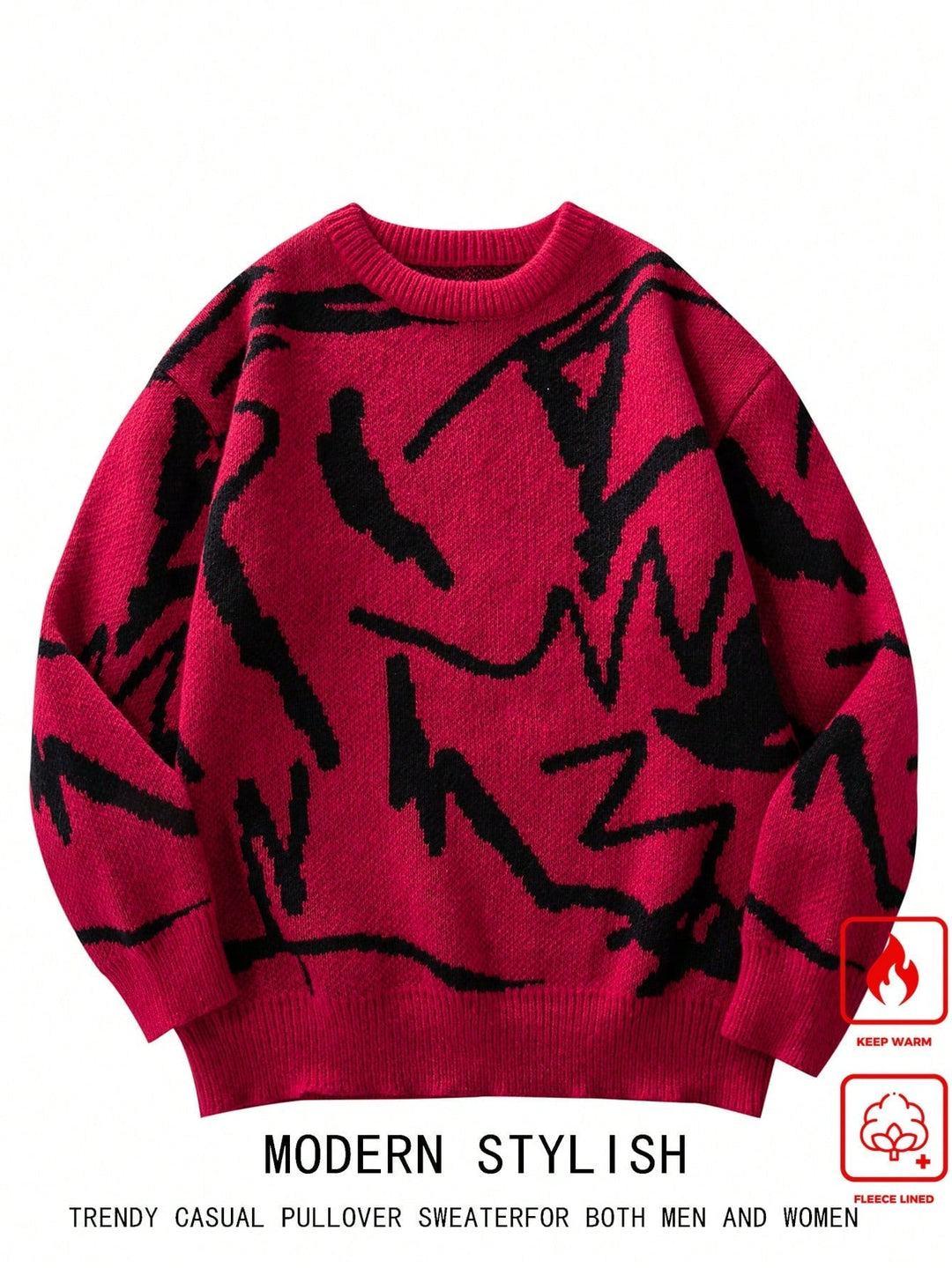 Roter Pullover mit schwarzem Muster, Unisex, Fleece, warm, modern, stylisch, Freizeitmode.