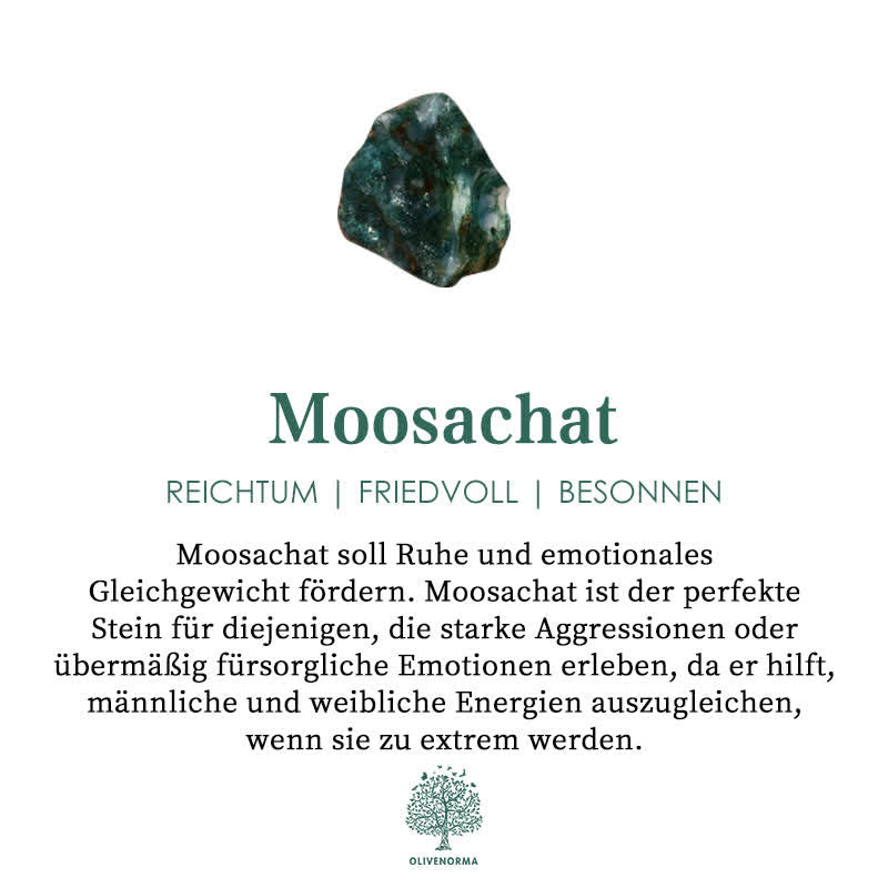 Moosachat Edelstein, grün, fördert Ruhe und emotionales Gleichgewicht, spiritueller Heilstein.