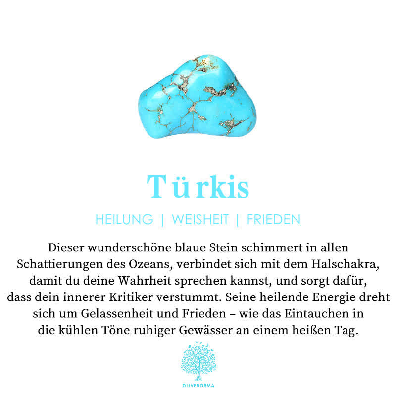 Türkisfarbener Edelstein, blau, Heilung, Weisheit, Frieden, Halschakra, beruhigende Energie.