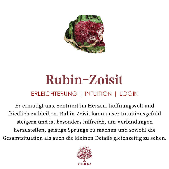 Rubin-Zoisit Edelstein, grün-rot, fördert Intuition und Logik, spirituelle Heilung.