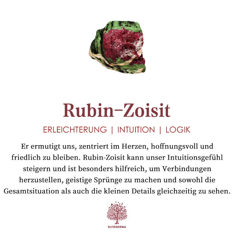 Rubin-Zoisit Edelstein, grün-rot, fördert Intuition und Logik, spirituelle Heilung.