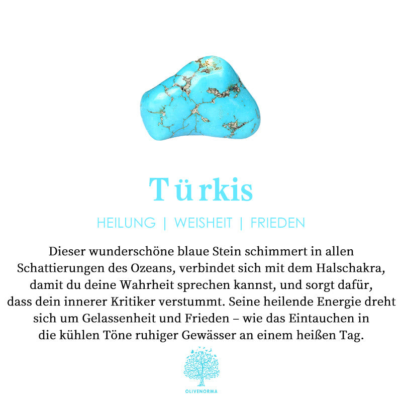 Türkisfarbener Edelstein, blau, Heilung, Weisheit, Frieden, Halschakra, spirituelle Energie.