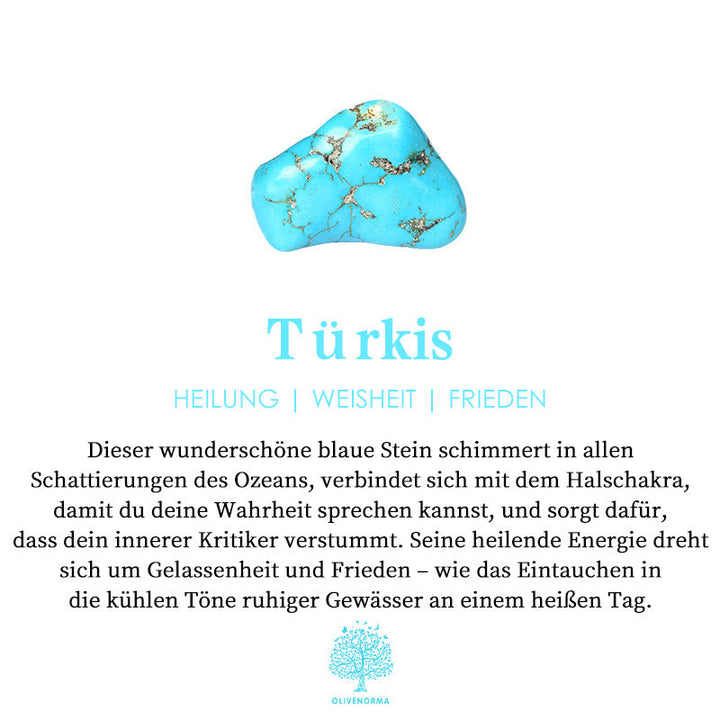 Türkisfarbener Edelstein, blau, Heilung, Weisheit, Frieden, Halschakra, spirituelle Energie.