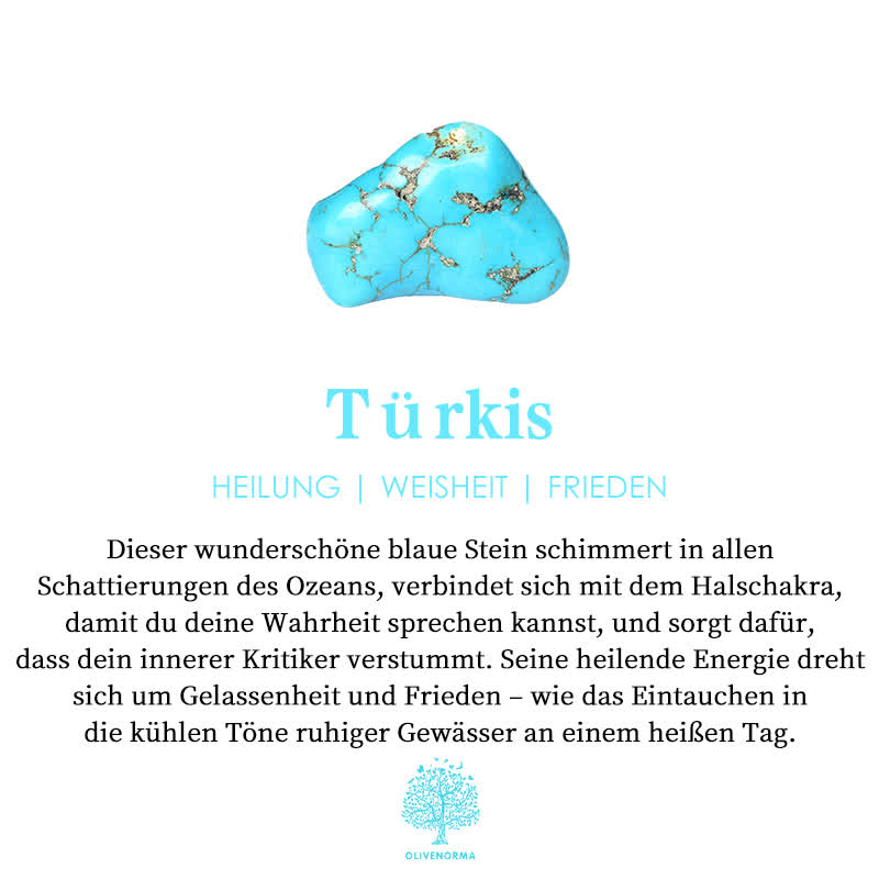 Türkisfarbener Edelstein, blau, Heilung, Weisheit, Frieden, Halschakra, spirituelle Energie.