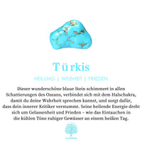 Türkisfarbener Edelstein, blau, Heilung, Weisheit, Frieden, Halschakra, spirituelle Energie.