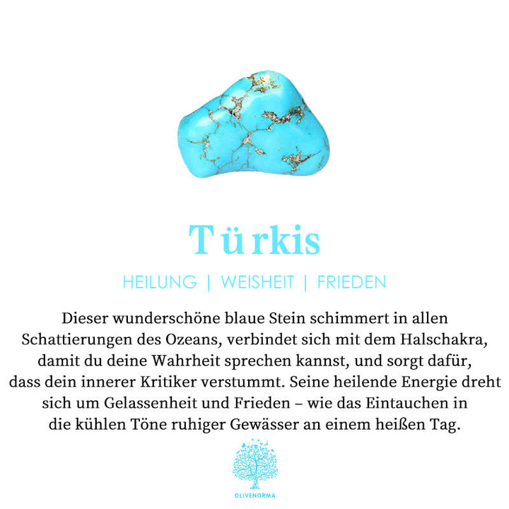 Türkisfarbener Edelstein, blau, Heilung, Weisheit, Frieden, Halschakra, spirituelle Energie.