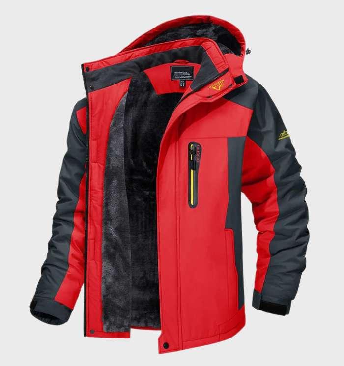 Rote Herren-Skijacke, wasserdicht, mit Kapuze und Reißverschlusstasche, Winterbekleidung.