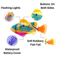 Buntes LED-Spielzeugfisch mit leuchtenden Lichtern, weichem Gummischwanz, wasserdichtem Batteriefach.