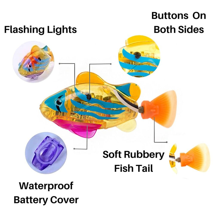 Buntes LED-Spielzeugfisch mit leuchtenden Lichtern, weichem Gummischwanz, wasserdichtem Batteriefach.