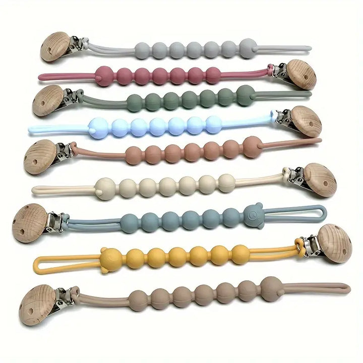 Schnullerketten aus Silikon und Holz, bunt, handgefertigt, Baby Zubehör, Beißringhalter.