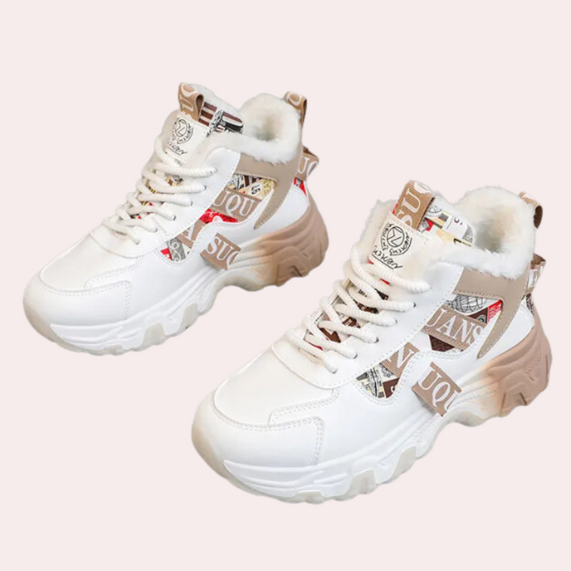 Weiße Damen-Sneaker mit Fellfutter, modisches Design, bequeme Freizeitschuhe.