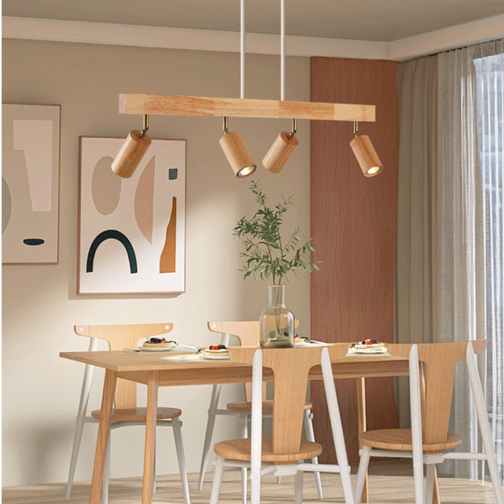 Moderne Holz-Pendelleuchte über Esstisch, skandinavisches Design, Esszimmer, Innenbeleuchtung.