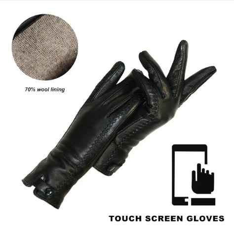 Schwarze Touchscreen-Handschuhe aus Leder mit 70% Wollfutter, ideal für Winter und Smartphone.