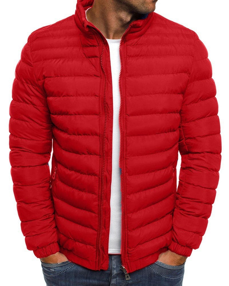 Rote Herren-Daunenjacke, Stehkragen, Reißverschluss, Wintermode, warm, stilvoll.