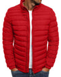 Rote Herren-Daunenjacke, Stehkragen, Reißverschluss, Wintermode, warm, stilvoll.