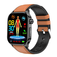 Smartwatch mit braunem Lederarmband, Gesundheits-Tracking, Herzfrequenzanzeige, Fitness-Tracker.