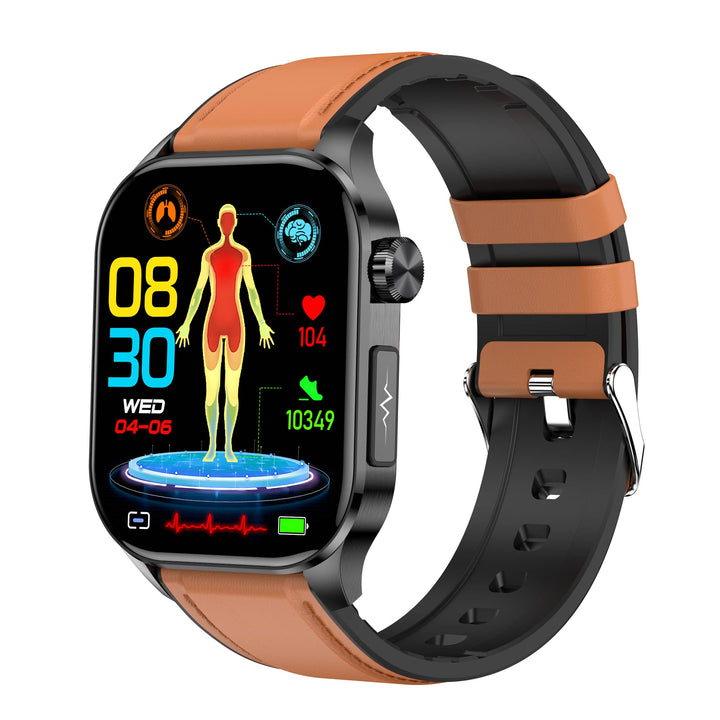 Smartwatch mit braunem Lederarmband, Gesundheits-Tracking, Herzfrequenzanzeige, Fitness-Tracker.