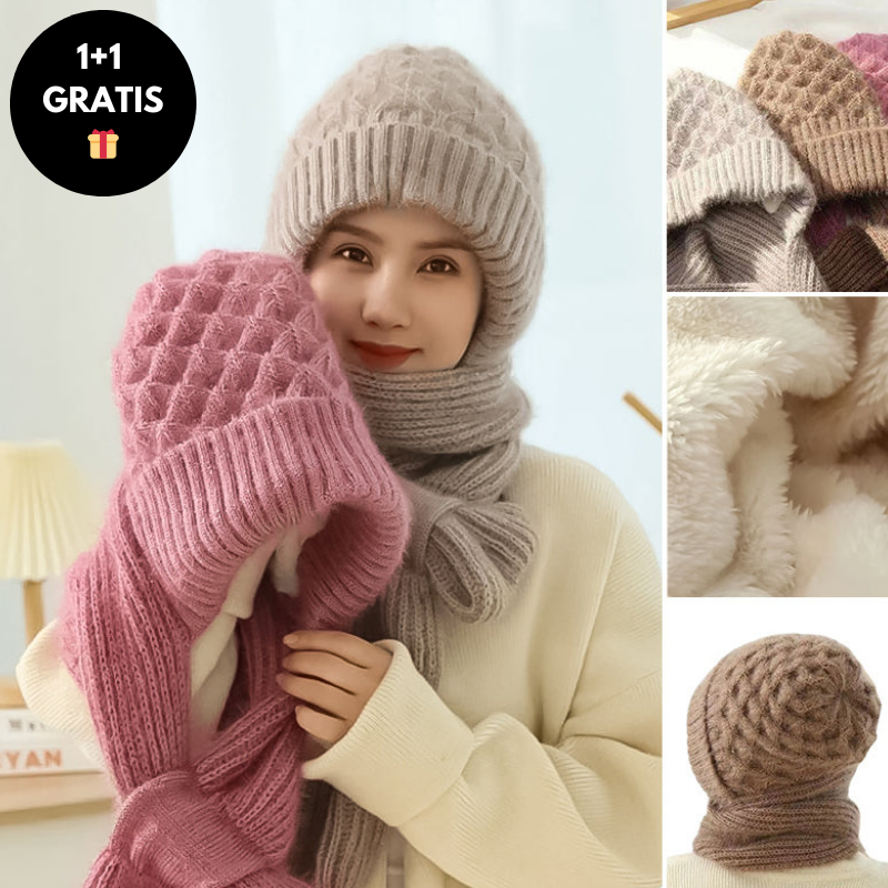 Frau mit rosa Strickmütze und Schal, Wintermode, warme Accessoires, 1+1 Gratis Angebot.