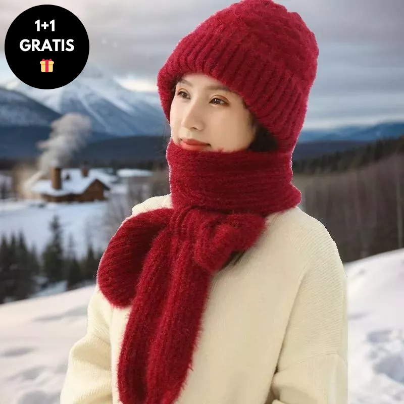 Frau mit rotem Strickmütze und Schal, Winterlandschaft, 1+1 Gratis Angebot.