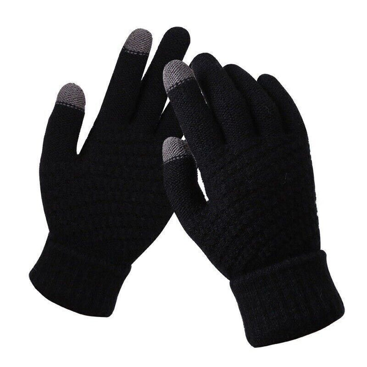 Schwarze Touchscreen-Handschuhe aus Strick mit grauen Fingerspitzen für Wintermode.