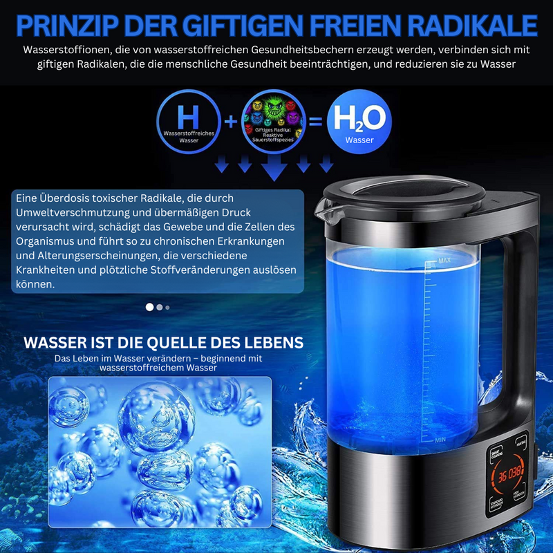 Wasserstoff-Wasserkocher, schwarz, LED-Anzeige, gesundheitsfördernd, antioxidativ, 2 Liter.