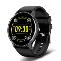 Schwarze Smartwatch mit rundem Display, Fitness-Tracker, Herzfrequenzmesser, digital, modern.