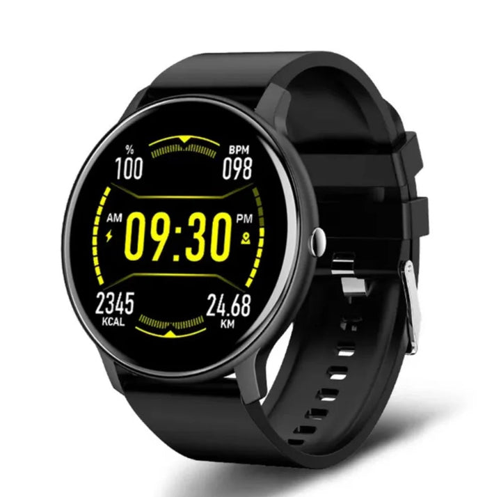 Schwarze Smartwatch mit rundem Display, Fitness-Tracker, Herzfrequenzmesser, digital, modern.