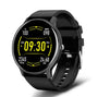 Schwarze Smartwatch mit rundem Display, Fitness-Tracker, Herzfrequenzmesser, digital, modern.