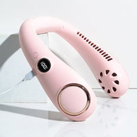 Rosa tragbarer Nackenventilator mit digitalem Display, USB-Anschluss, kühlend, leise.