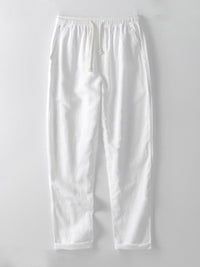 Weiße Leinenhose mit Kordelzug, lässig, bequem, ideal für Sommermode, Herrenbekleidung.