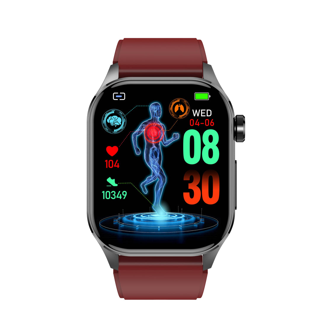 Smartwatch mit rotem Armband, Fitness-Tracking, Herzfrequenzanzeige, digitaler Bildschirm.