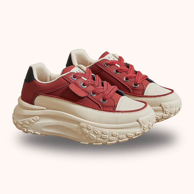 Rote und beige Sneaker mit dicker Sohle, modische Freizeitschuhe für Damen.