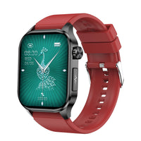 Rote Smartwatch mit grünem Display, Edelstahlgehäuse, Silikonarmband, digitaler Uhrzeit.