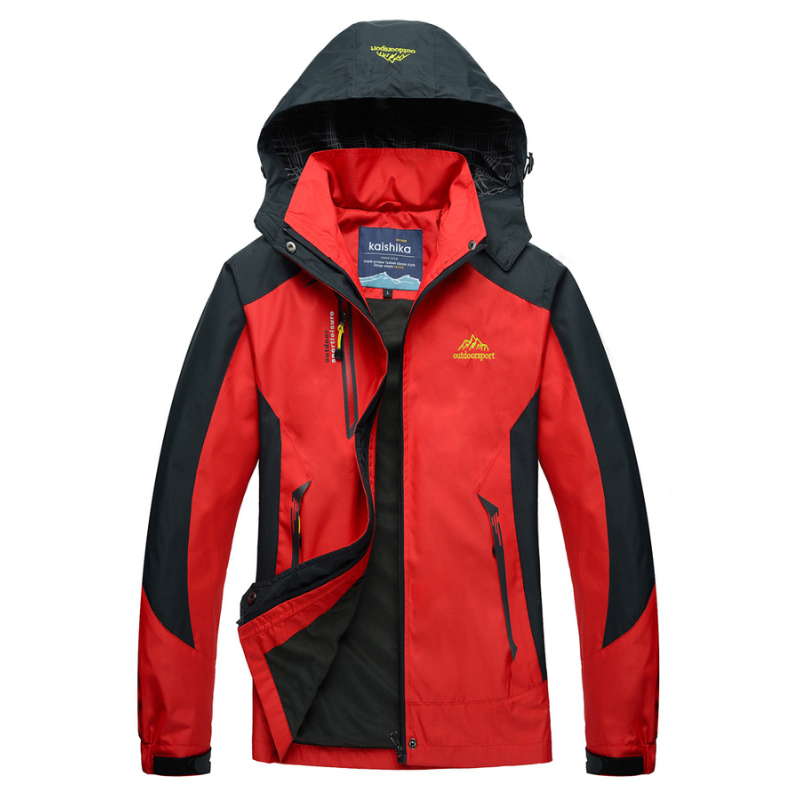 Rote Outdoor-Jacke mit Kapuze, wasserdicht, winddicht, Herren, atmungsaktiv, Trekking.