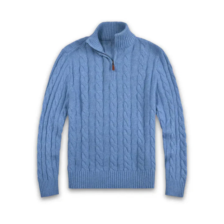 Blauer Strickpullover mit Zopfmuster, Reißverschluss, Herrenmode, Winterkleidung, Baumwolle.