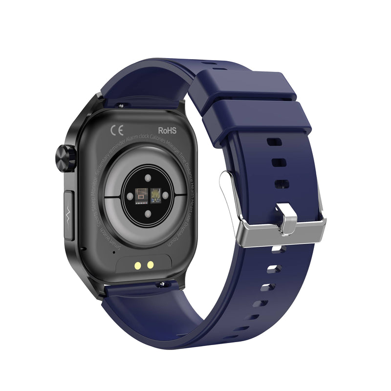 Smartwatch Rückseite, blaues Armband, Herzfrequenzsensor, Fitness-Tracker, modern, wasserdicht.