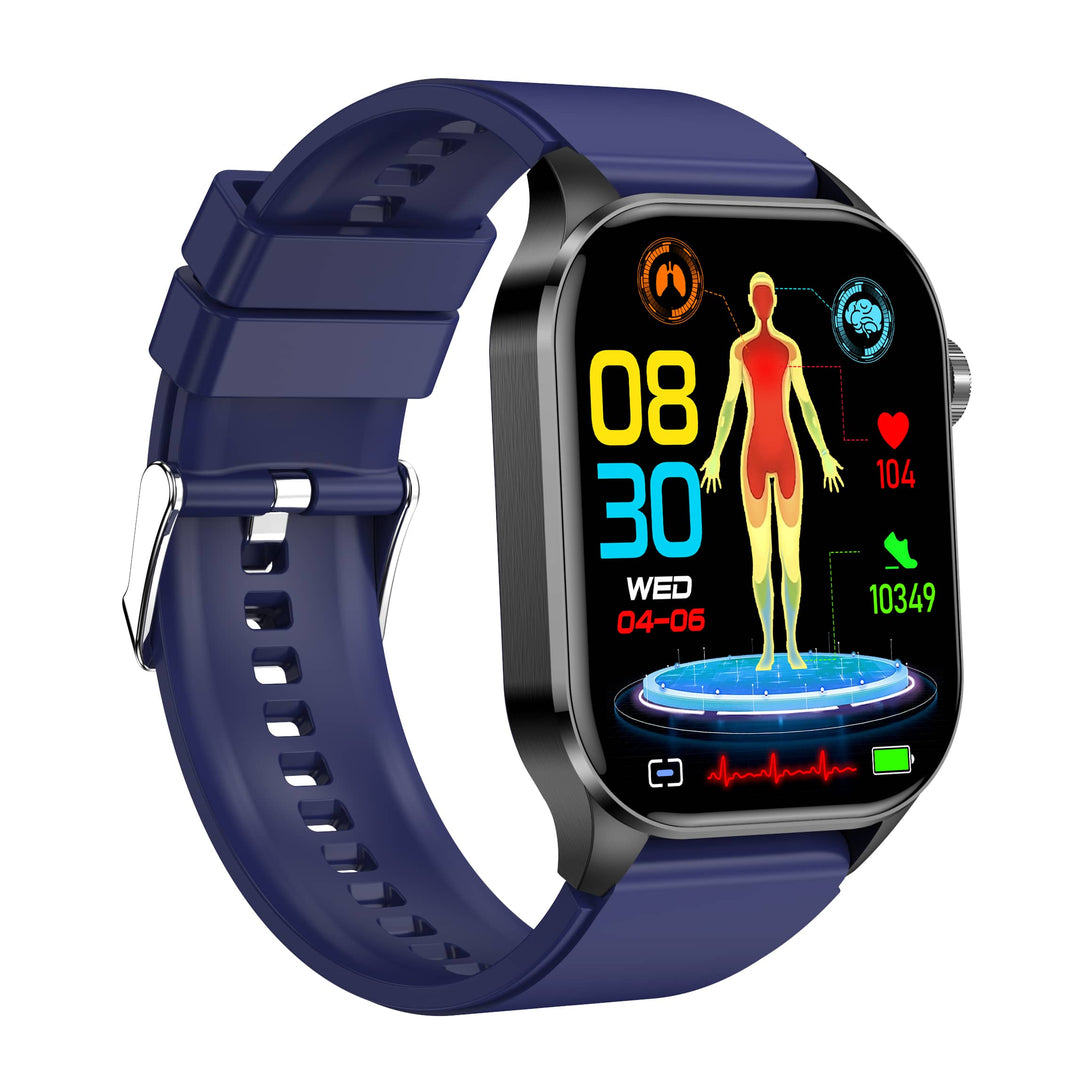 Smartwatch mit blauem Armband, Gesundheits-Tracking, schwarzes Gehäuse, digitales Display.