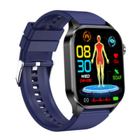 Smartwatch mit blauem Armband, Gesundheits-Tracking, schwarzes Gehäuse, digitales Display.