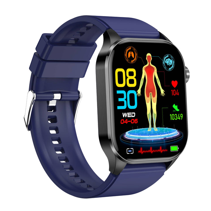 Smartwatch mit blauem Armband, Gesundheits-Tracking, schwarzes Gehäuse, digitales Display.