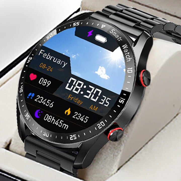 Schwarze Smartwatch mit rundem Display, Fitness-Tracker, Edelstahlarmband, digitaler Uhrzeit.