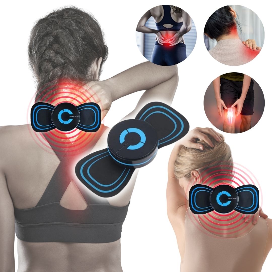 Elektronisches Nackenmassagegerät, schwarz-blau, zur Schmerzlinderung und Muskelentspannung.