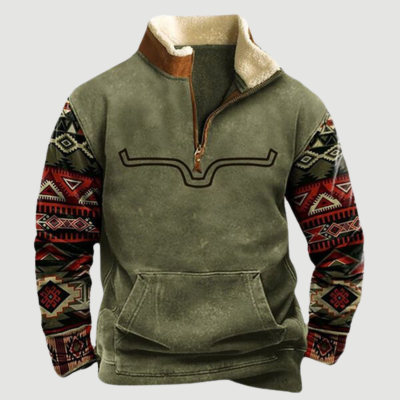 Herrenpullover mit Aztekenmuster, olivgrün, Fleece, Reißverschluss, Wintermode.