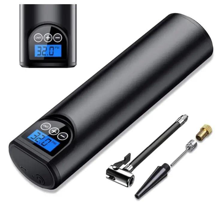 Schwarze elektrische Luftpumpe mit digitalem Display, Zubehör und Adapter für Fahrradreifen.