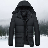 Schwarze Winterjacke mit Kapuze, gesteppt, warm, Herrenmode, Outdoor-Bekleidung.
