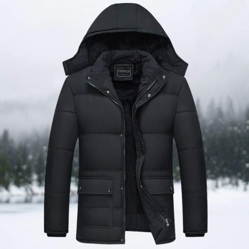Schwarze Winterjacke mit Kapuze, gesteppt, warm, Herrenmode, Outdoor-Bekleidung.