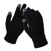 Schwarze Touchscreen-Handschuhe, gestrickt, mit grauen Fingerspitzen, wintertauglich.