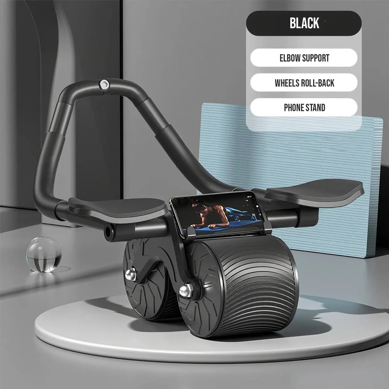 Schwarzes Bauchmuskeltrainer-Rad mit Ellbogenstütze, Rollback-Rädern und Handyhalter.