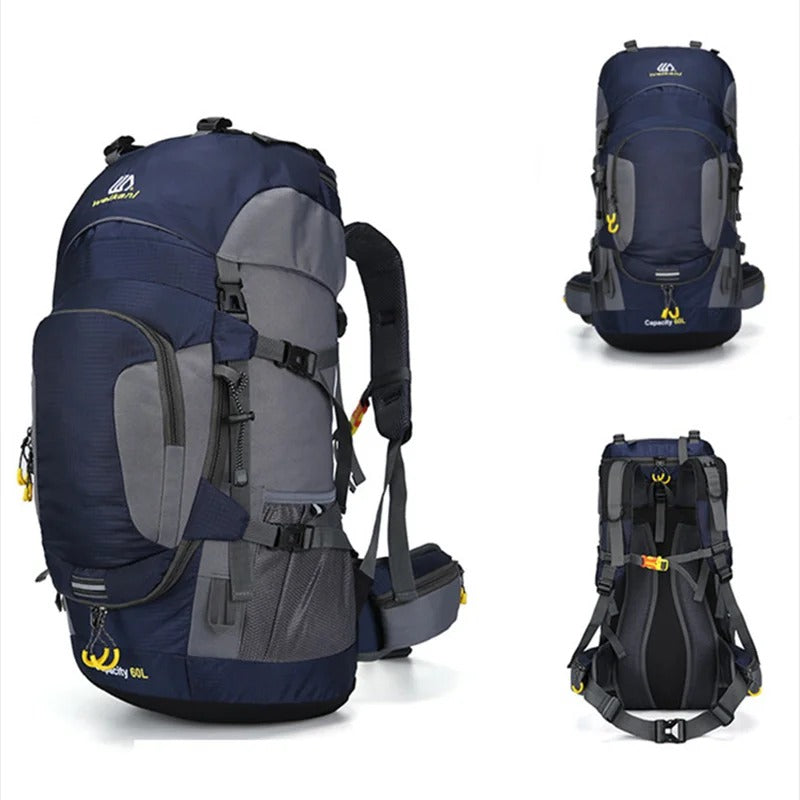 Dunkelblauer Wanderrucksack 80L, wasserdicht, mit mehreren Taschen und verstellbaren Gurten.